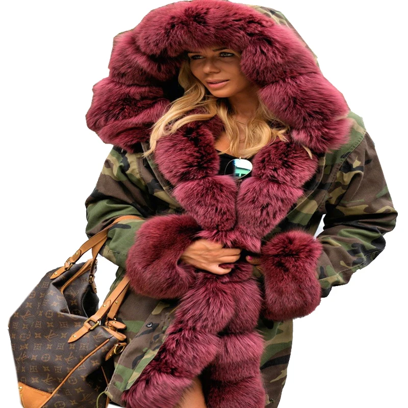 Roiii 2018 Winter Female Coat Long Hood Camouflage Green Jacket Wine Faux Fur Cotton Thicken Military Parka Women Chic Outerwear Coats