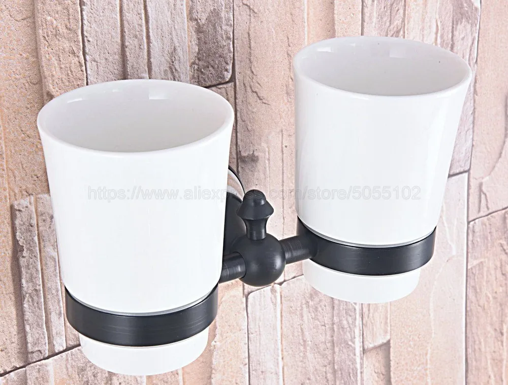 

Black Oil Rubbed Bronze Bathroom Accessory Wall Mounted Toothbrush Holder with Two Ceramic Cups zba710