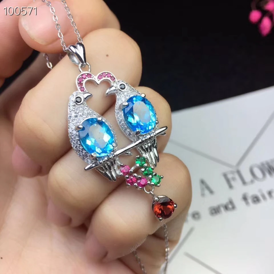 

natural blue topaz gem Romantic couple magpie Pendant natural gemstone pendant necklace S925 silver Women girl gift jewelery