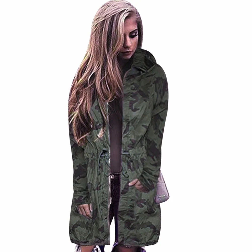 Women Camouflage Long Coat Camo Outwear Fashion Drawstring Zipper Hip