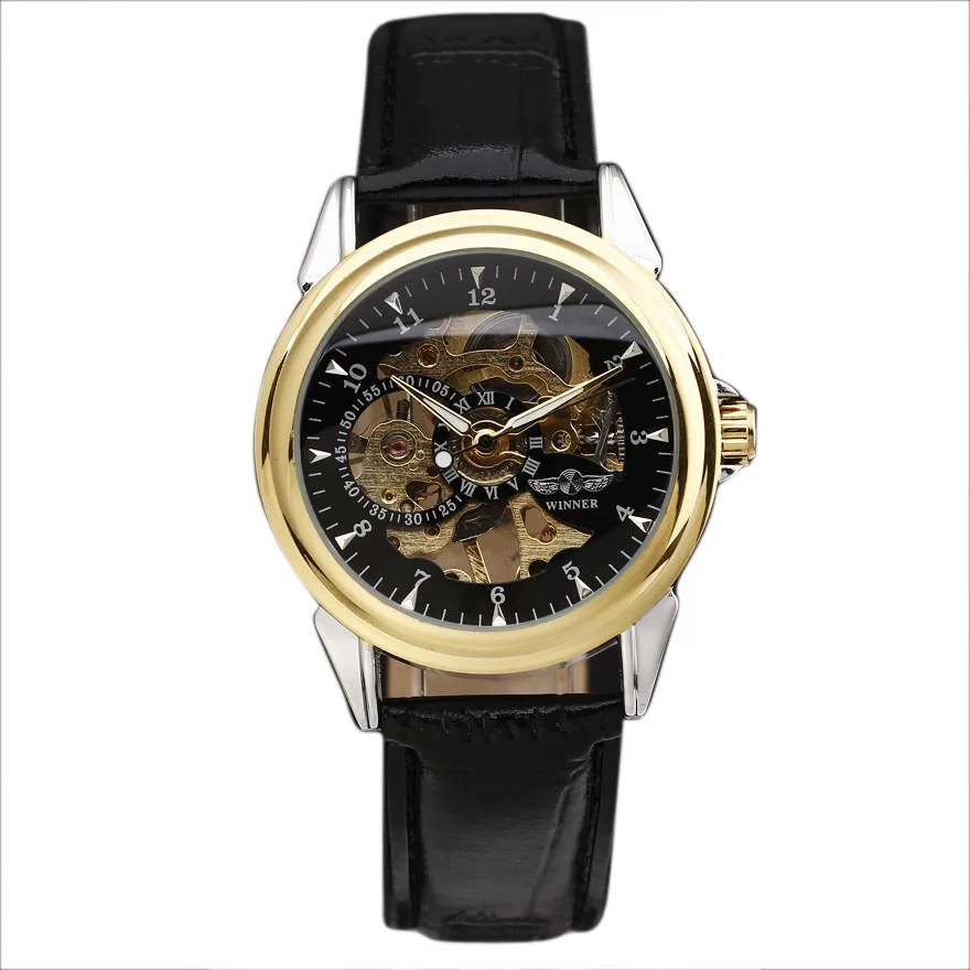 

New WINNER Top Brand Luxury Fashion Women Men Watch Hollow Design Leather Casual Famous Mechanical Hand Wind Couple Wrist Watch