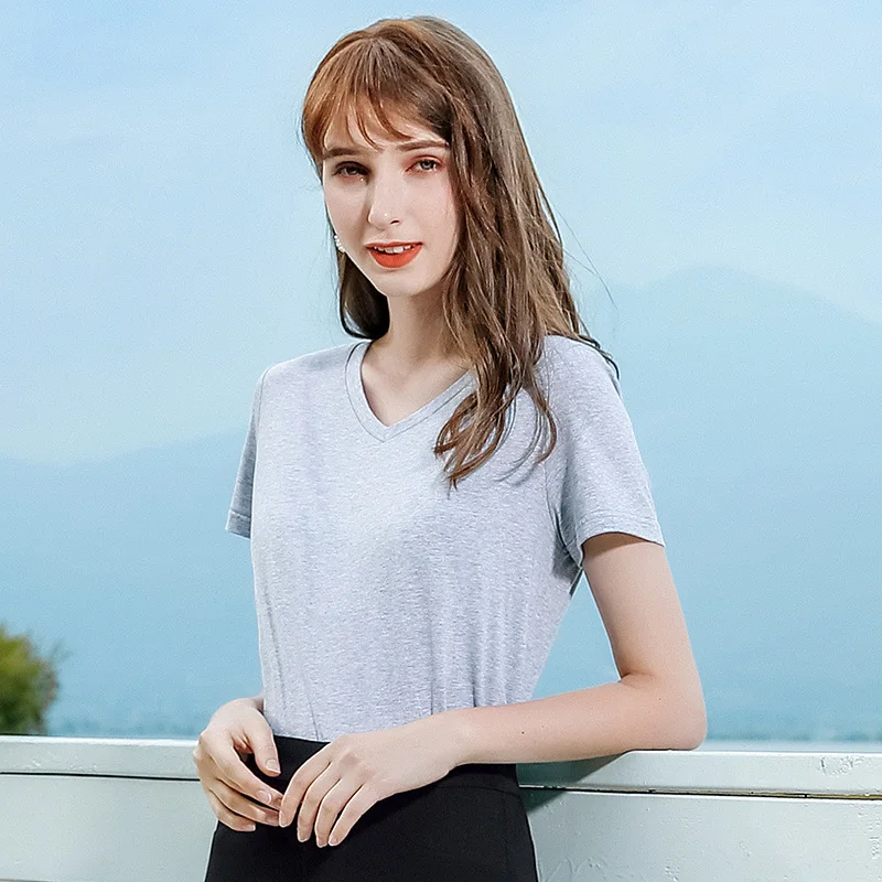 

Wasteheart Women Tops Casual Gray White T-shirts Solid Shirt V-Neck Short Plus Size T Shirt Women Cotton Sexy Cut Out Tees