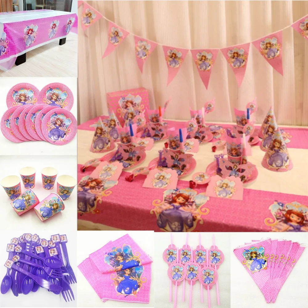 

82p/set Princess Sofia Birthday Party Supplies Kids Disposable TablewareTablecloth Plate Cup Napkin Straw Banner Decoration Set
