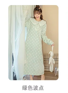 Одежда для сна для беременных; Ночная рубашка в стиле ретро; женская Фланелевая пижама с длинными рукавами и большим отворотом; очень мягкая Пижама; платье для беременных; сезон зима - Цвет: Green dot