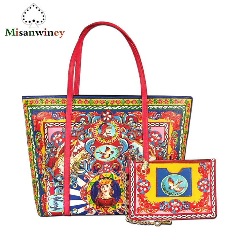 

Misanwiney 2018 Luxury Brand Handbag Ladies Genuine Leather Large Shopping Tote Bag Prince Princess Printing Cowhide Leather Bag