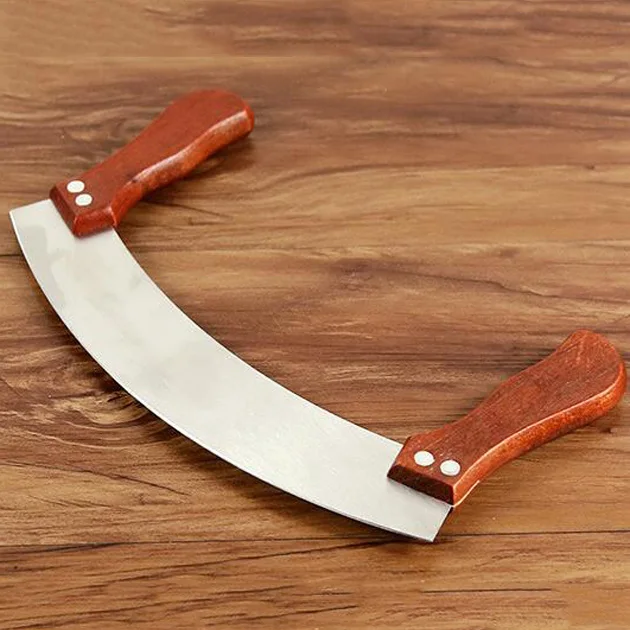 Wood Handle Vegetables Herb Mezzaluna Pizza Cutter Slicer Chopper Blade Knife Cutting Tool Pie Cake Rocker Home Kitchen Supplies