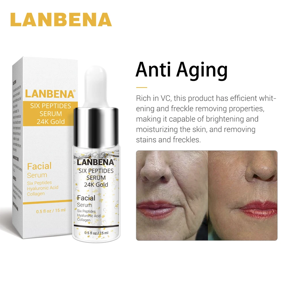 Harga Lanbena Vitamin C Serum + Enam Peptida Serum 24 K Emas + Hyaluronic Acid Serum Anti Aging Pelembab Kulit perawatan Whitening Mencerahkan