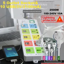 Портативное зарядное устройство 5 розеток питания и 10 usb розеток переключатель розетка с ЕС Великобритания США Универсальный блок питания