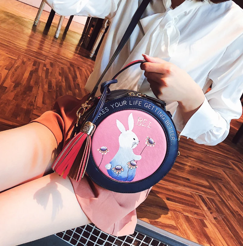 Women Fashion Handbag Female Leather Roll Circular Bag Famous Tassel Crossbody Shoulder Bags Flower Cute Tote Sac A Main SS7303 (17)