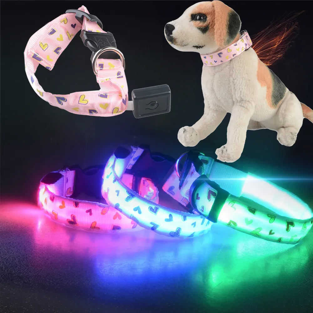 nylon dog collar LED night safety glow dog necklaces Love Heart Pattern