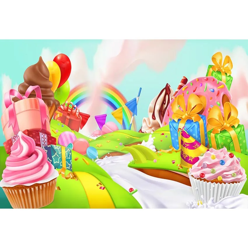 

Cartoon Candy Land Backdrop Printed Present Boxes Cakes Milk River Flags Rainbow Baby Kids Birthday Party Photo Booth Background