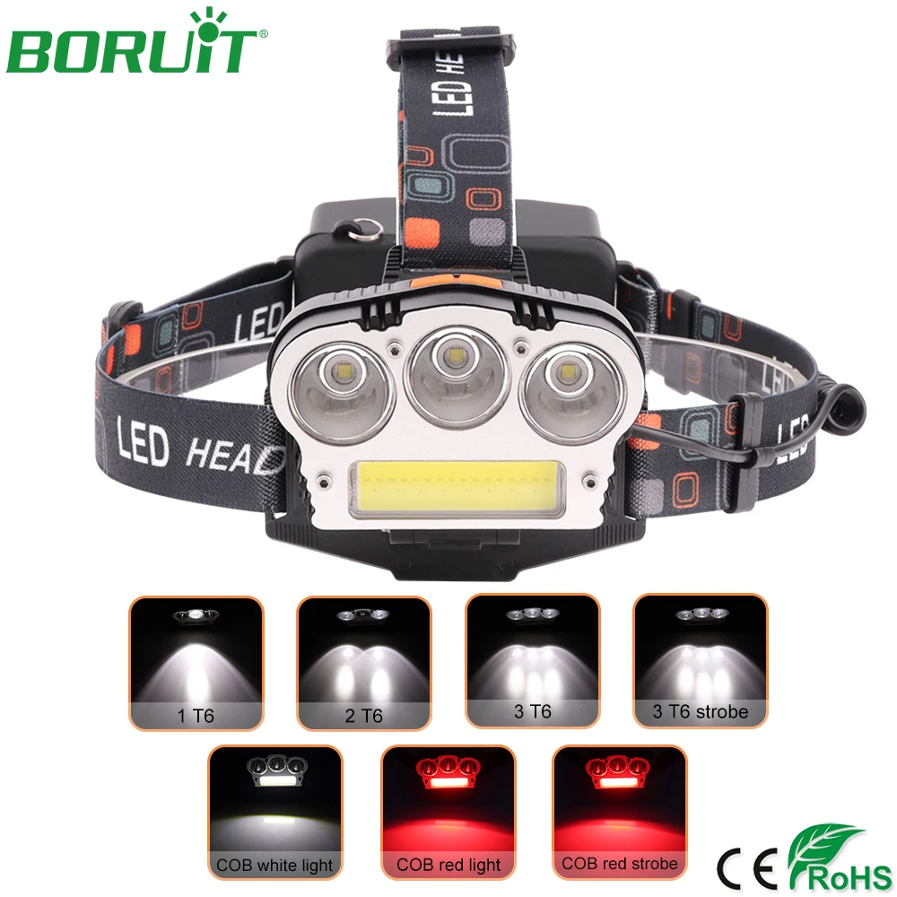 

BORUiT Bright 3T6 LED Headlamp Flashlight White Red COB LED Light USB Rechargeable Headlight Waterproof Camping Head Torch Light