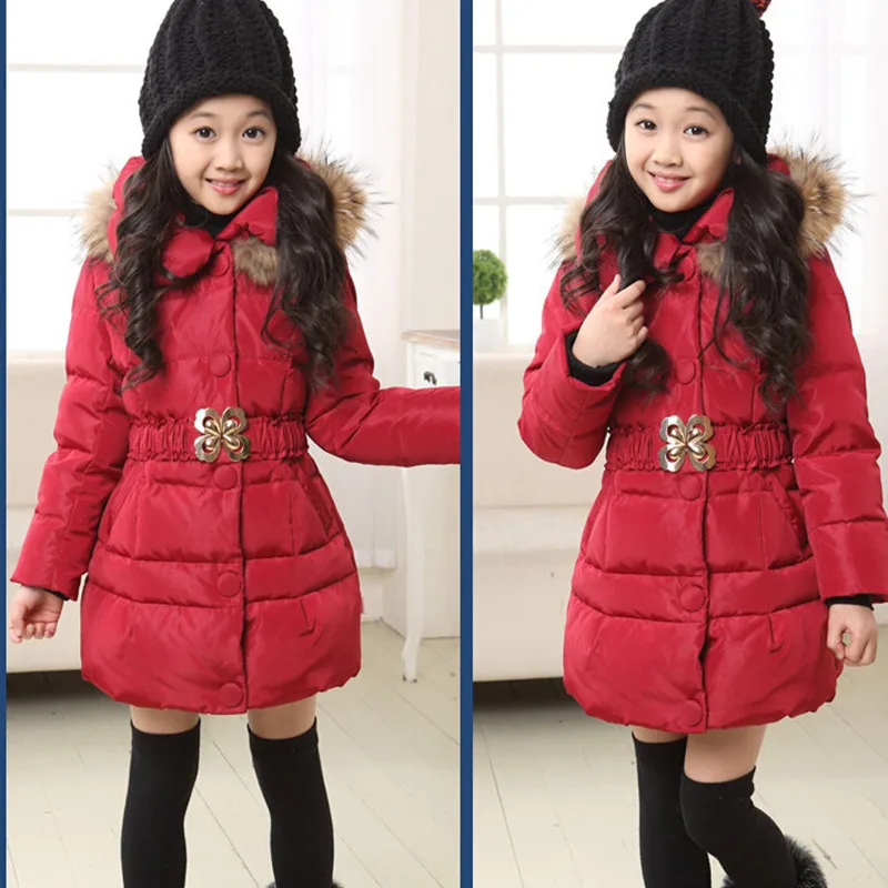 Коллекция года, брендовая зимняя теплая длинная Рождественская куртка с толстой хлопковой подкладкой для девочек детское зимнее пальто с длинными рукавами и меховым воротником - Цвет: wine red