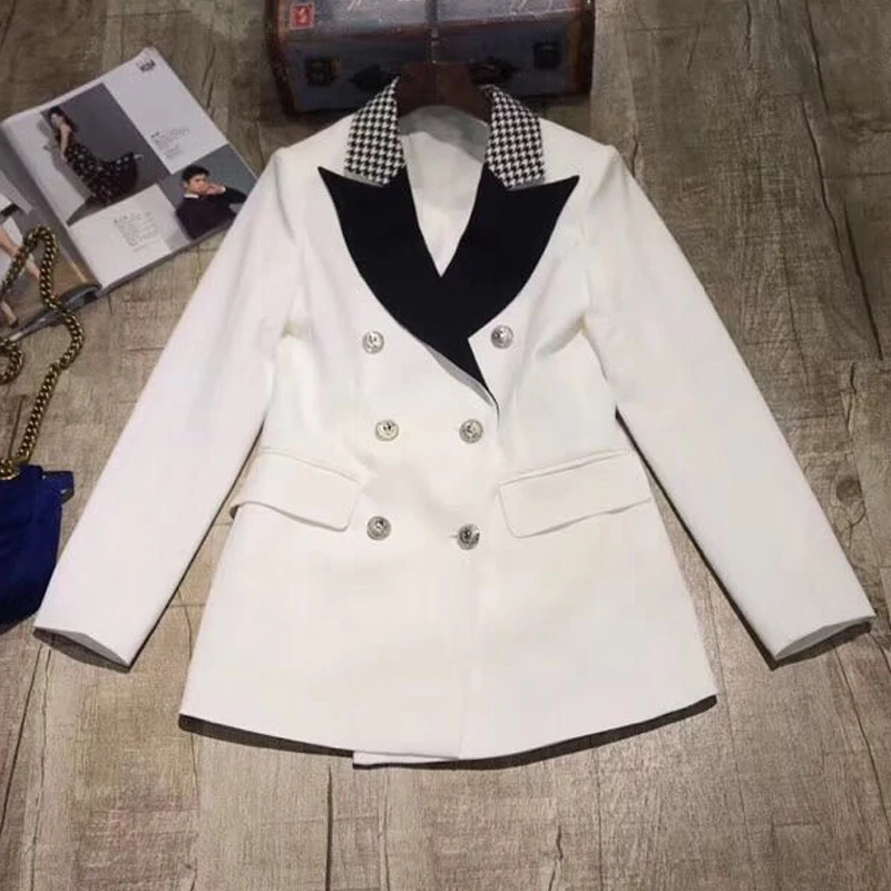 High Quality Black White Women Blazer Jacket Outerwear Double Breasted Plaid Collar OL Office Ladies Blazers Feminino Plus Size
