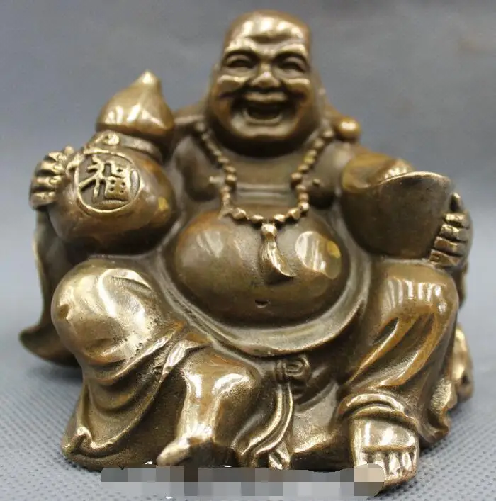 

S03835 Chinese Bronze Copper Happy Laugh Maitreya Buddha Hold Fu Gourd YuanBao Statue