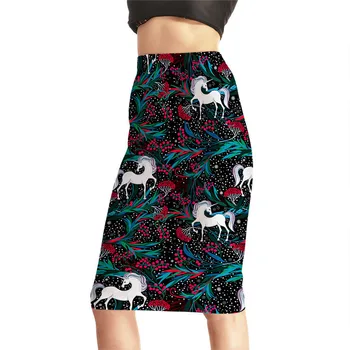 

2019 Summer Unicorn Floral Print Pencil Skirt Boho Bohemian Harajuku Knee Length Package Hip Skirt Slim Elastic Ladies Skirts