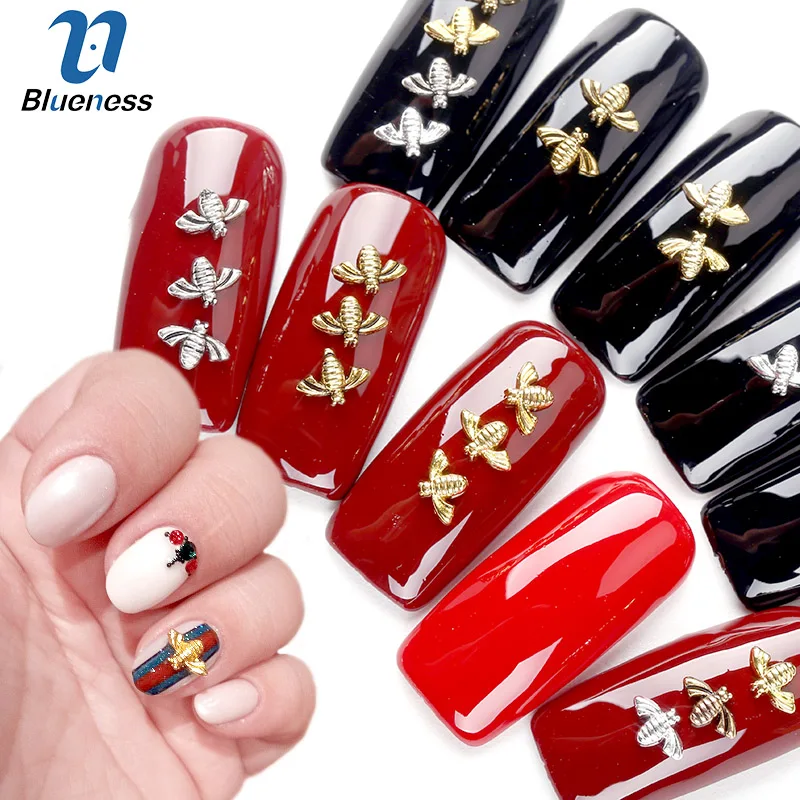 

Blueness 10Pcs/lot Gold Silver Little Bee Design Rhinestones Nails Accessories Manicure UV Gel Metal Nail Art Decorations Studs