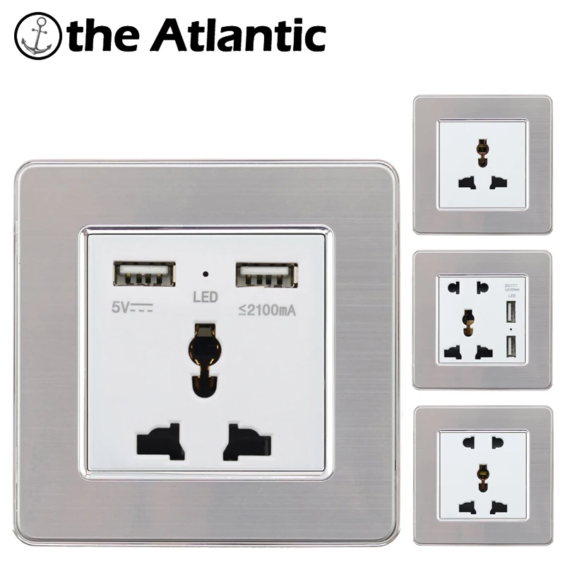 

Universal Socket With 2 Ports USB Outlet Power Charger Stainless Steel Panel 2.1A USB Outlet Wall Electrical Socket
