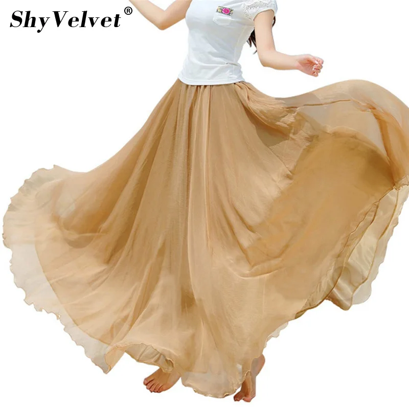 Shyvelvet 21 Цвета Винтажная летняя длинная юбка пачка большие качели Тюль макси юбки женское шифоновое Плиссированное длинное юбки женские цвета хаки