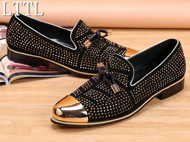 

2018 Hot Gold Toes Men Shoes Suede Men's Flats Low Oxford Shoes Rhinestone Loafers Male Shining Party Shoes Driving Moccasins