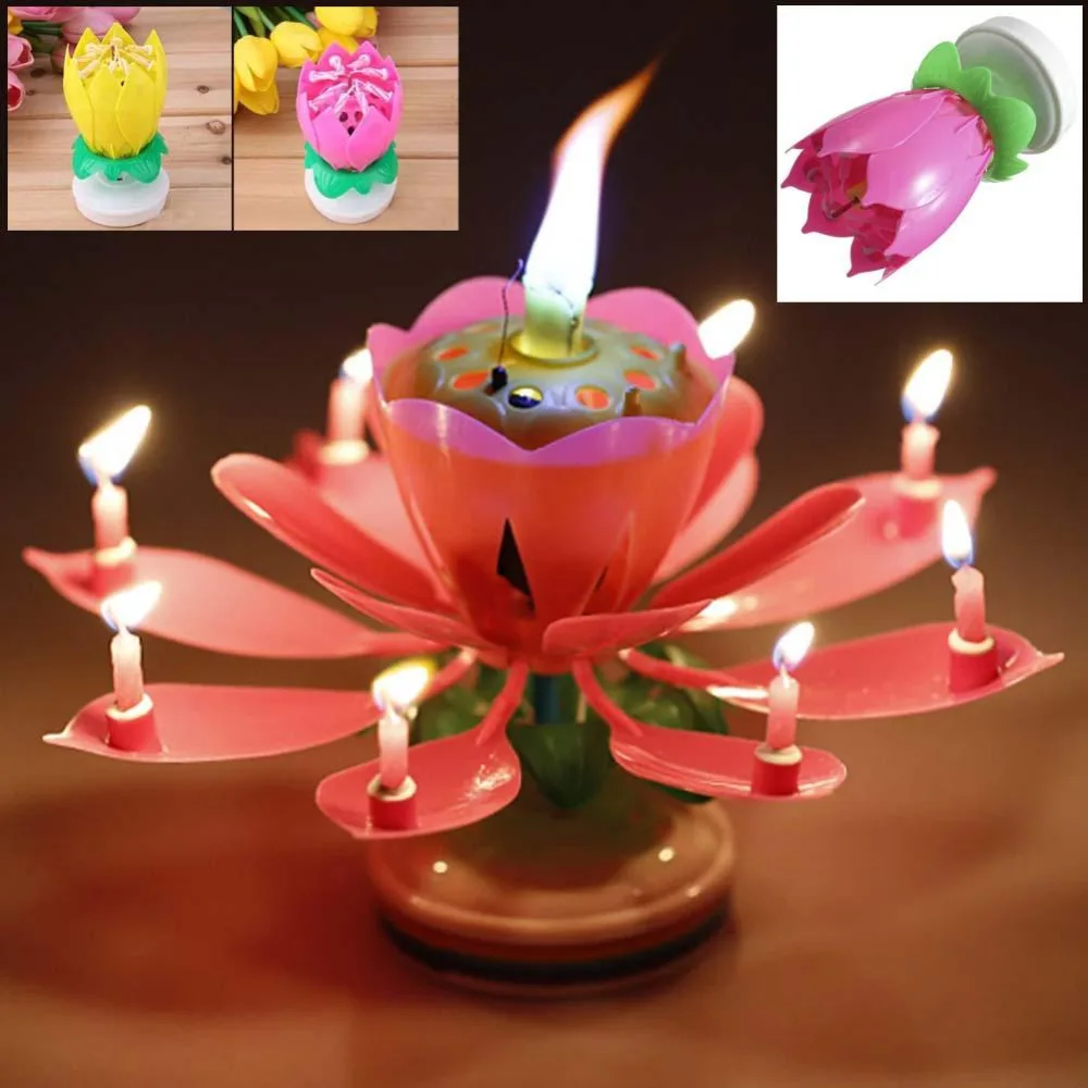 1PC Blossom Lotus Flower Candle Birthday Party Cake Music Sparkle Cake