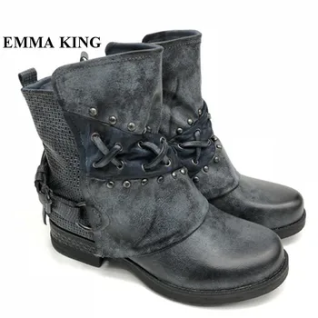 

EMMA KING New European Vintage Navy Blue Ankle Boots Women Metallic Rivet Studded Cross-tied Short Booties Casual Shoes Women