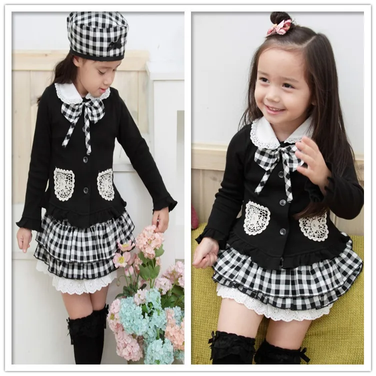 Retrostyle school baby girl suit 3setsPlaid cap+long sleeves coat