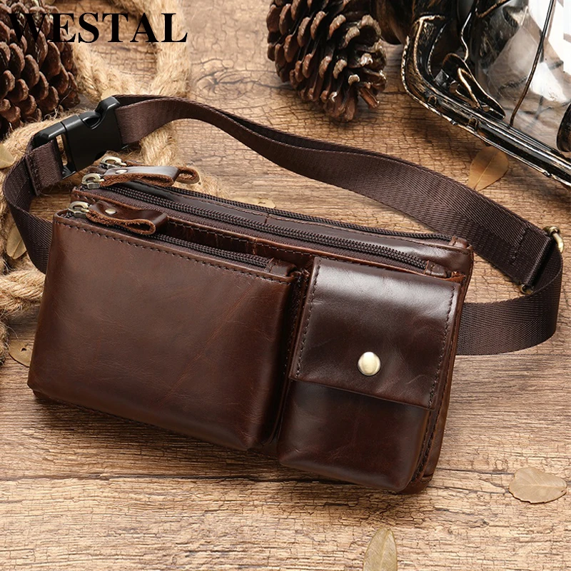 

WESTAL men waist bag genuine leather male fanny pack belt bag casual bananas bags for men's chest packs Multifunction handbags