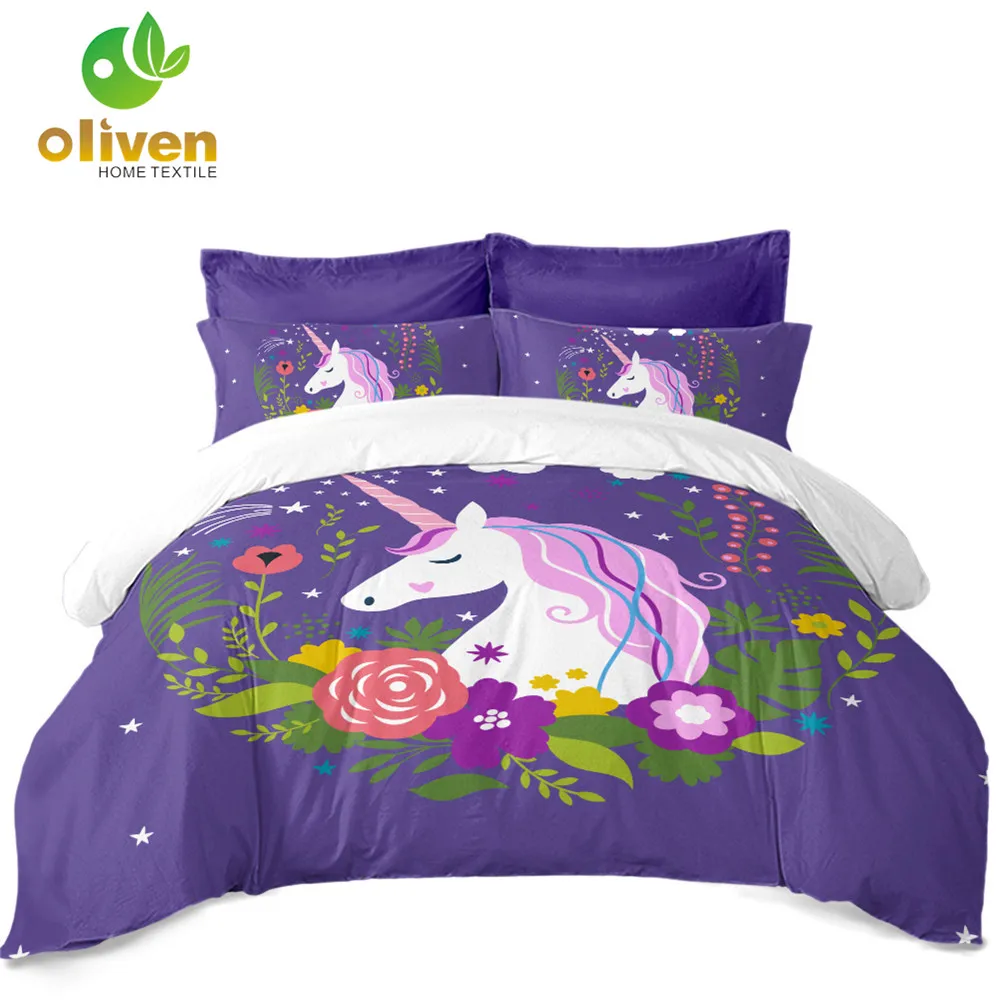 Girls Purple Unicorn Bedding Set Princess Cartoon Duvet ...