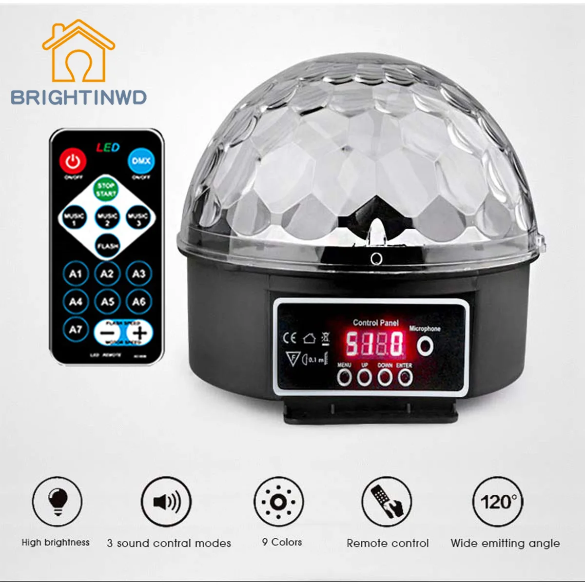 

BRIGHTINWD 9 Colors Led Stage Lamp Disco Laser Light 27W Crystal Magic Ball Party Lights Sound Control DMX Lumiere Laser