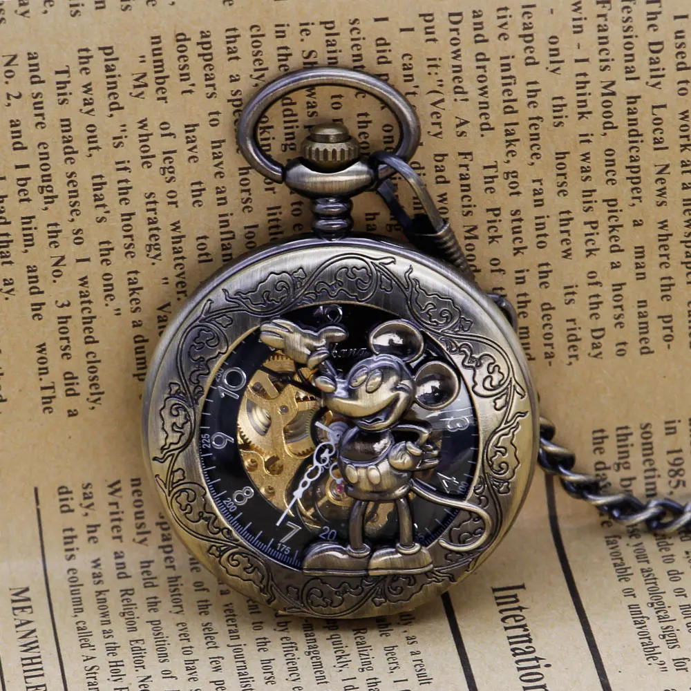 

Fashion Unisex Mouse Hollow Carving Vintage Retro Bronze Pocket Watch Mechanical Hand Wind Fob Chain Pocket Wathes