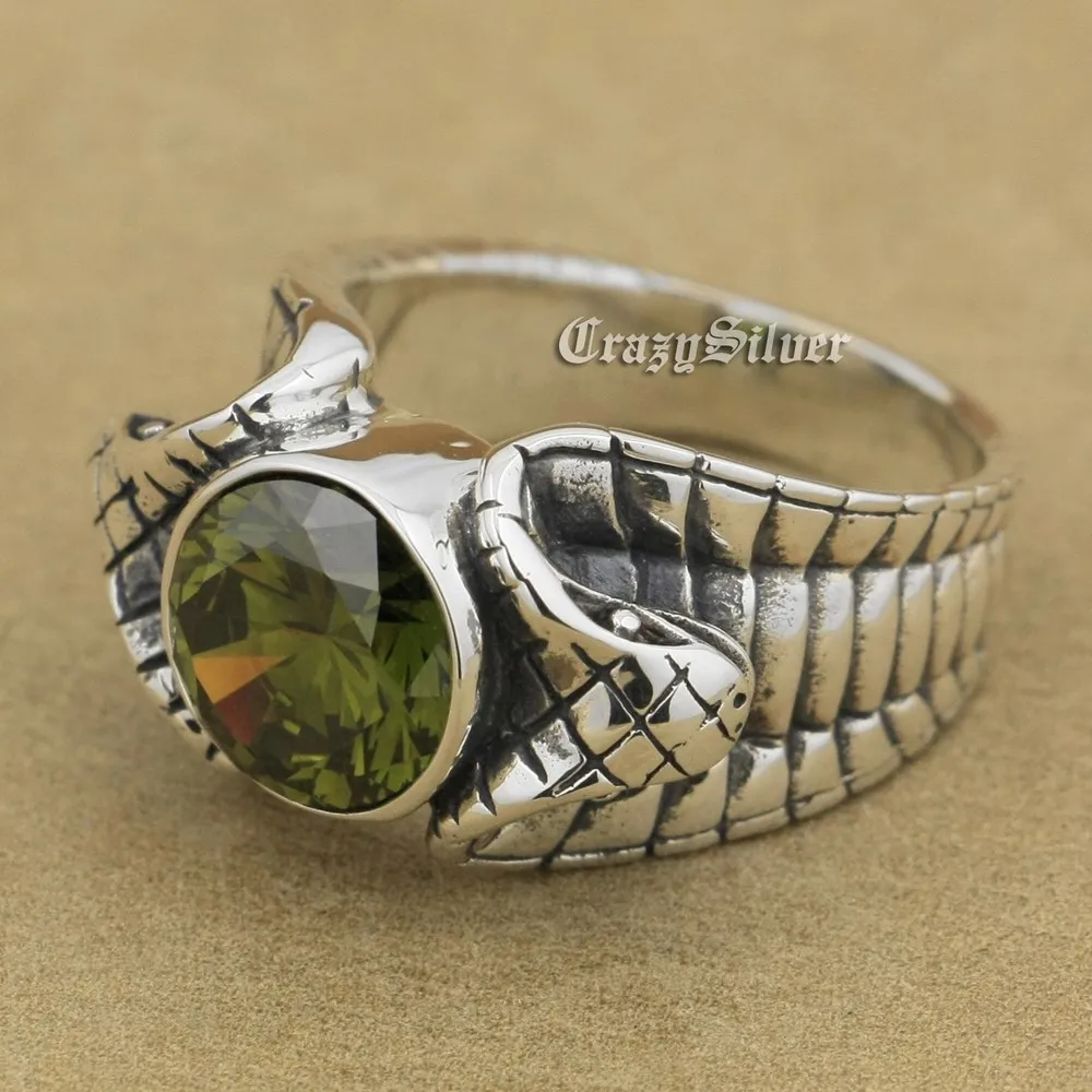 

925 Sterling Silver Cobra King Snake Balck Olive CZ Biker Ring 9K030 US Size 7.5 to 13
