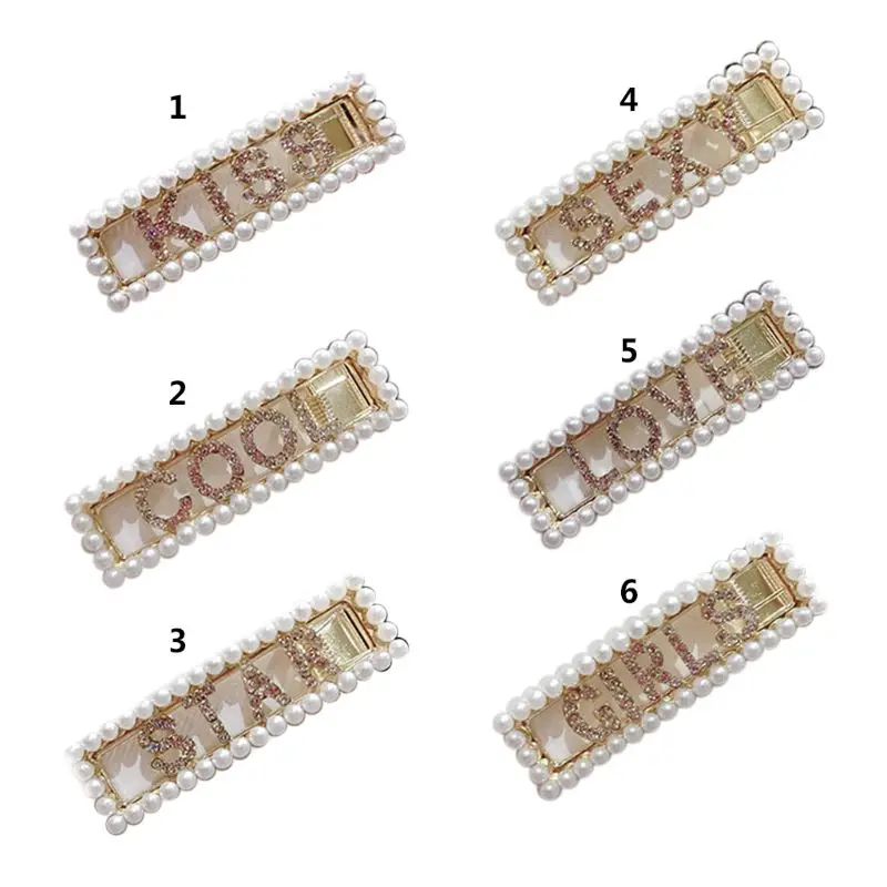 

Cute Girls Hairpin Hollowed Small Beads Rectangular Hair Clips Sweet English Letter-studded Artificial Pearl Bangs Clip