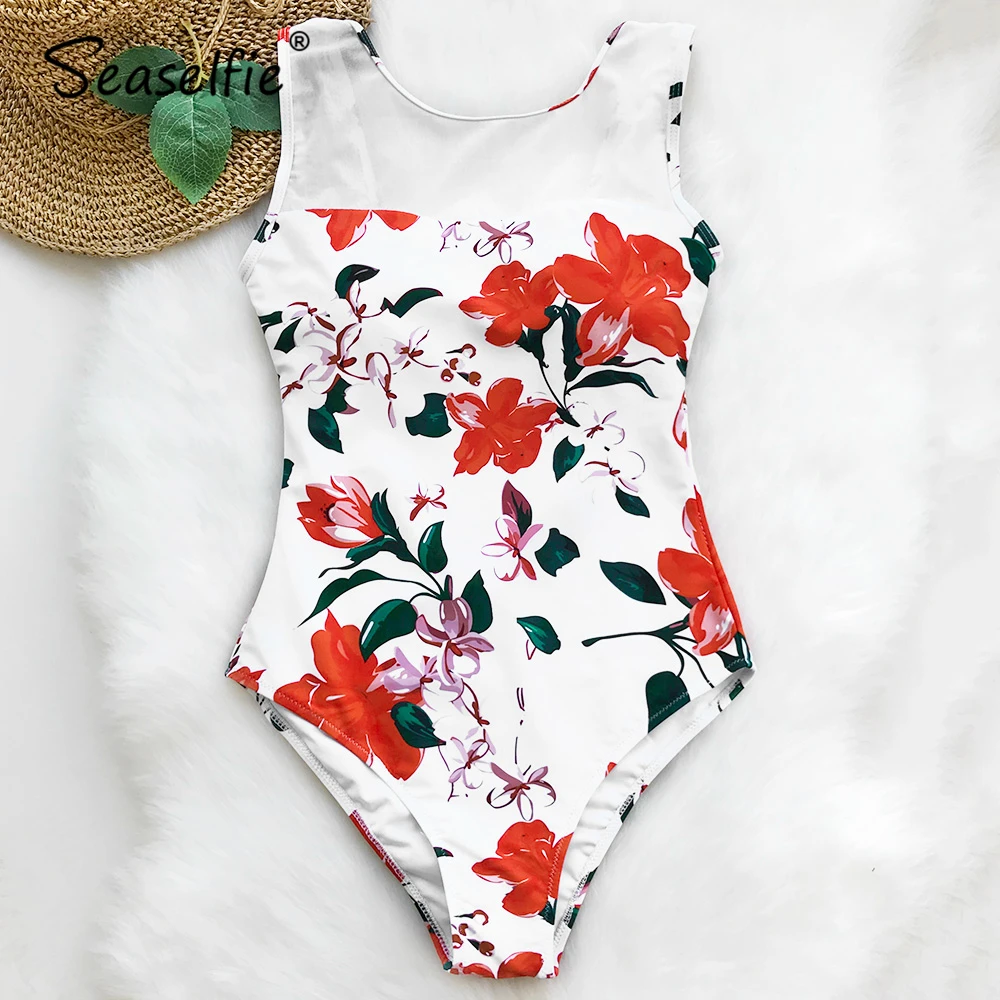 

SEASELFIE Flora Print Mesh One-piece Swimsuit Women Back Criss Cross High neck Monokini 2019 Ladies Beach Bathing Suit Swimwear