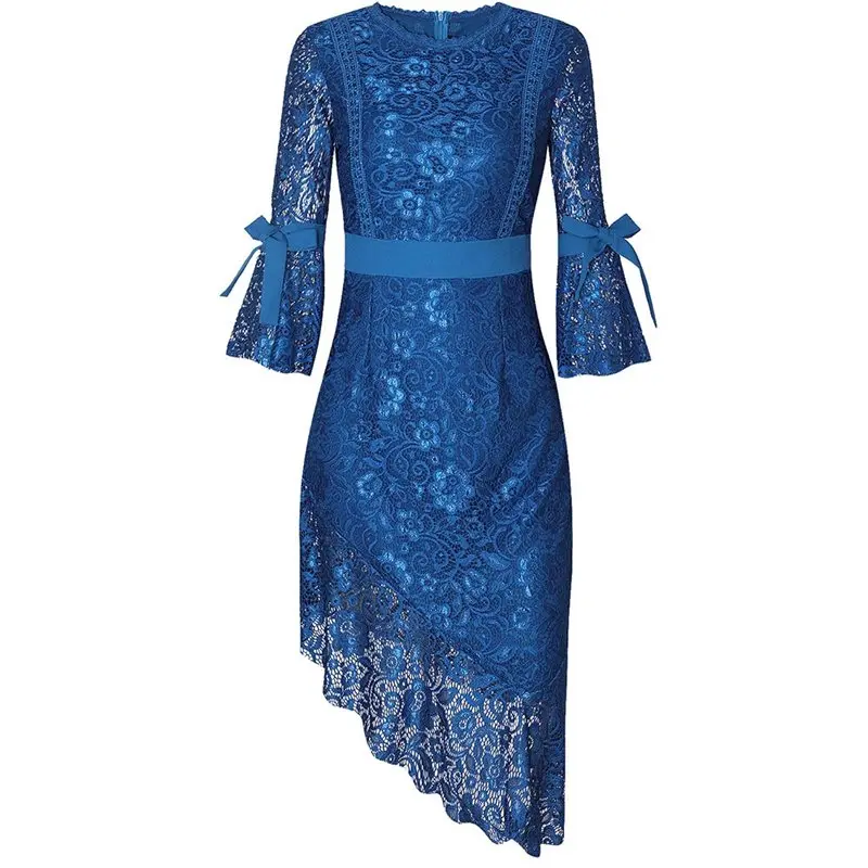 

Women Sexy Lace Party Dress Elegant Flare Sleeve Hook Flower High Waist Ladies Autumn Blue Vintage Prom Retro Bodycon Dresses