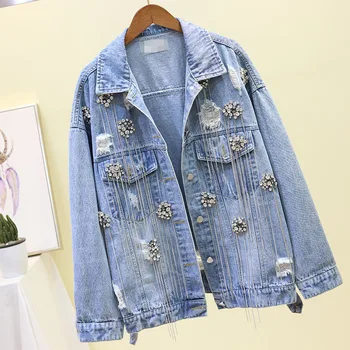 

2019 New Fashion Heavy Industry with Tassel Hole Ripped Denim Jacket Women's Long-sleeved Jacket Coats