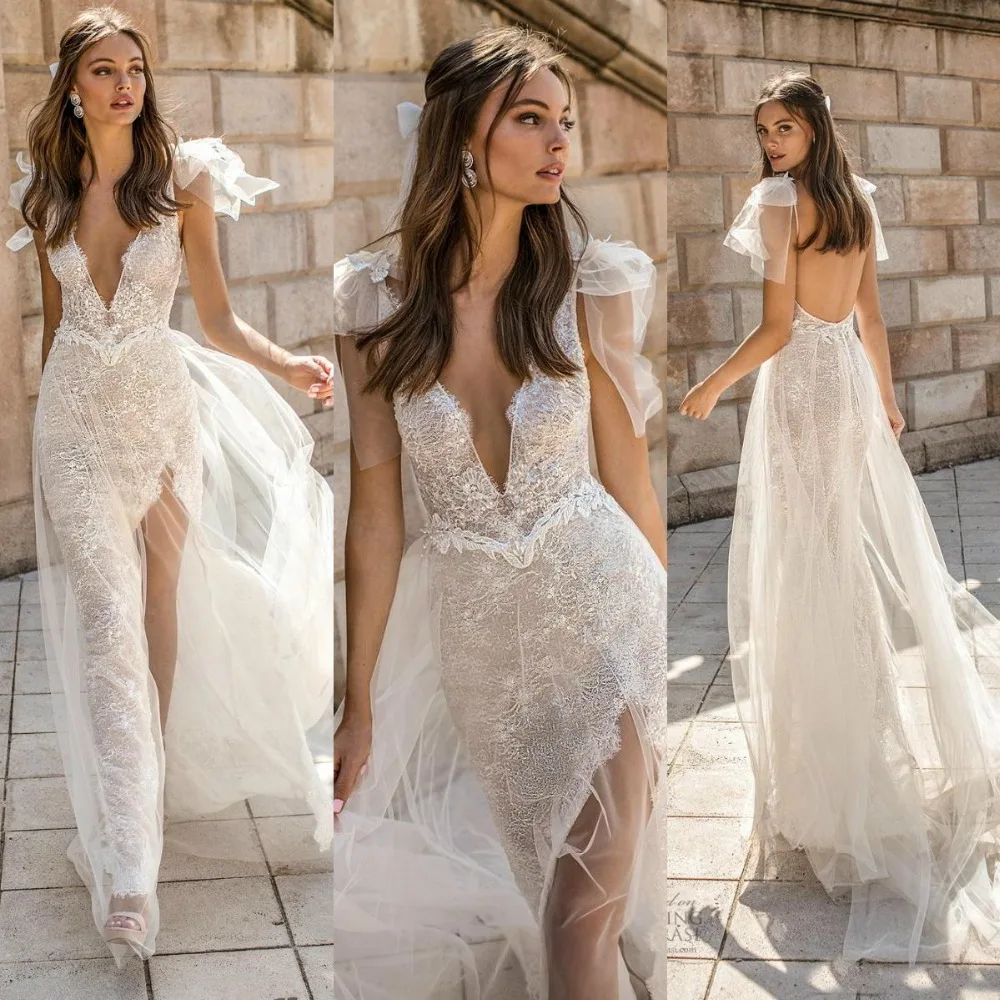 

Berta Lace Beach Wedding Dress Boho Plunge V Neck Sexy Fashion Open Back Bohemian Bridal Gowns 2019 Robe de mariee 2019