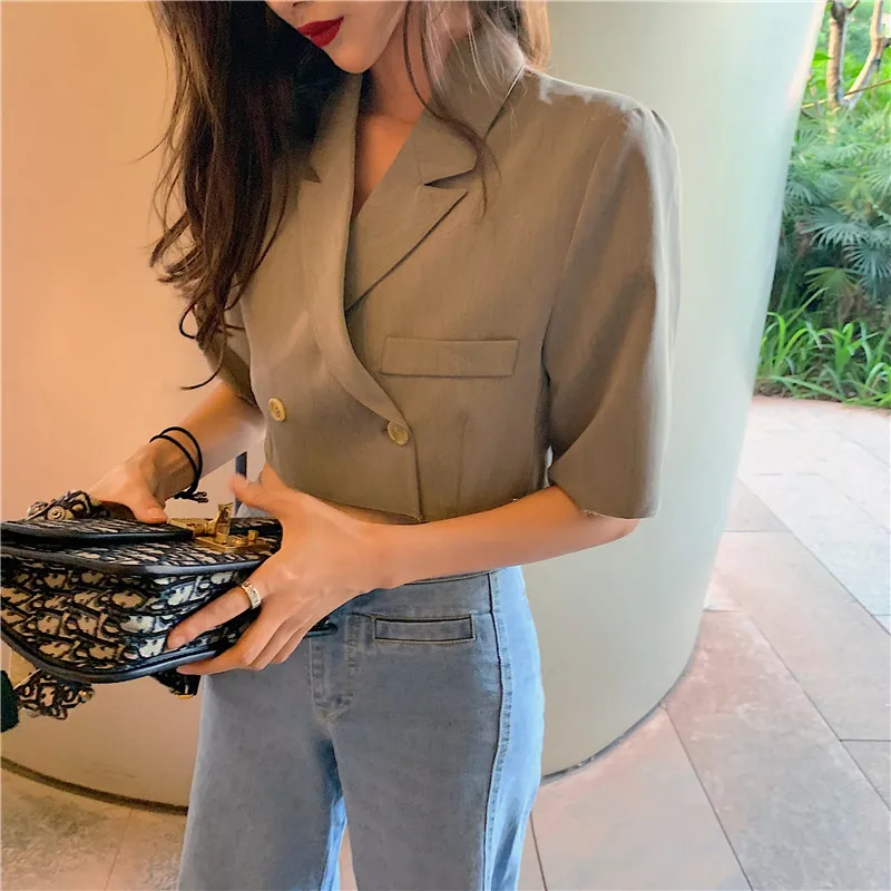 

2019 Women's Blazer Short Sleeve Blazers Solid One Button Coat Slim Office Lady Jacket Female Tops Suit Blazer Femme Jackets