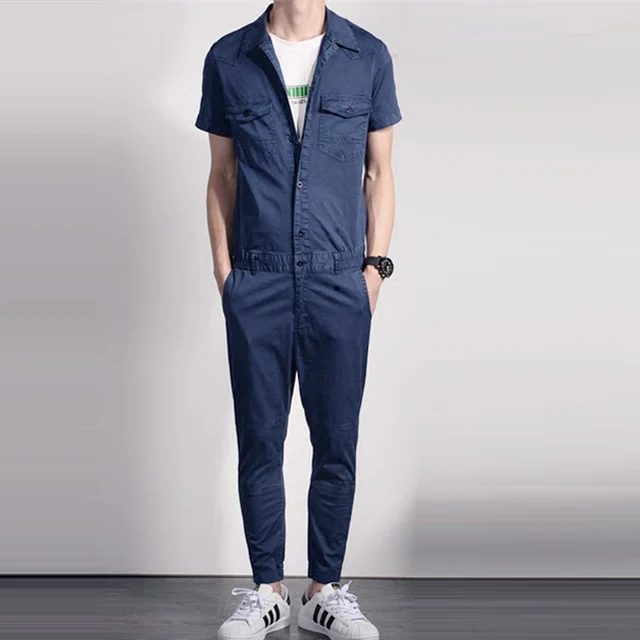Summer Spring Fashion Cool Mens Grey Blue Short Sleeve Cotton Jumpsuits ...