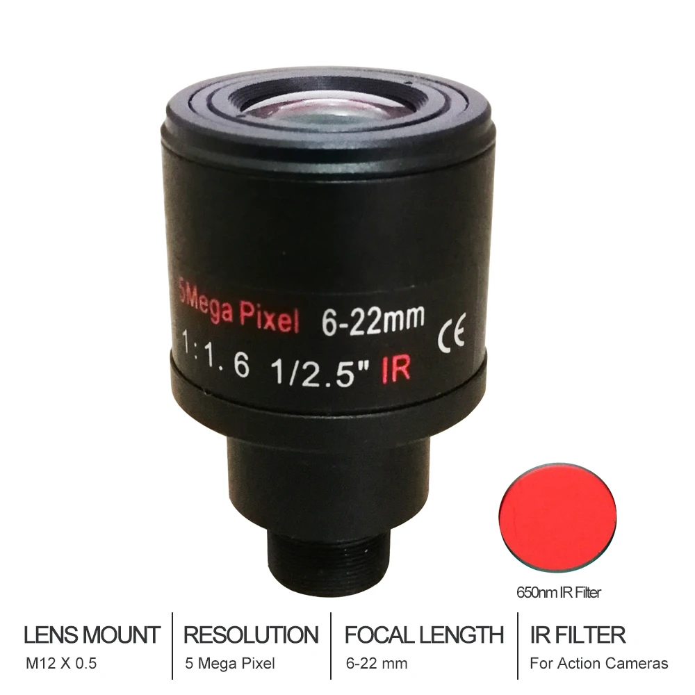 

5.0Megapixel Varifocal 6-22mm CCTV Camera Lens 1/2.5" For Security Cameras HD IP Cameras F1.6 M12 Mount for Action Camera
