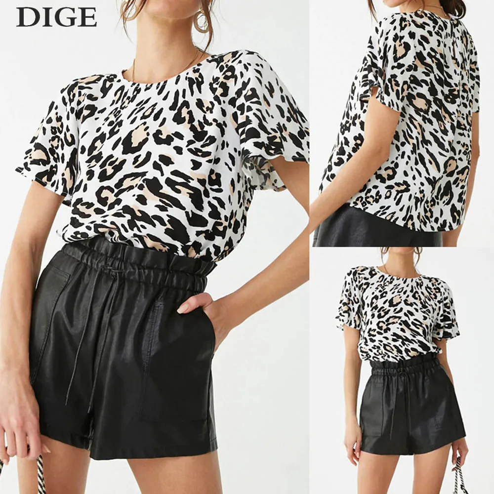 

2019 Blouse Short Women Leopard Print Chiffon Blouse Shirt Summer Flare Sleeve Casual Tops O Neck Ladies Office Shirts Blusas