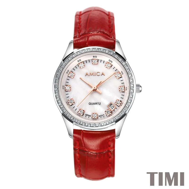 

AMICA NEW FASHION 2017 FULL STEEL DEEP RED WATCHBAND WHITE SURFACE ROSE GLOD POINTER WOMENS QURATZ WATCH LADYS WATCH A7-13