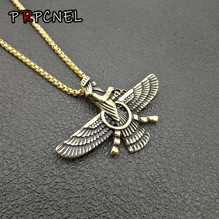 Хип хоп проложили Faravahar Ahura Mazda Zoroastrian кулон ожерелье золотой цвет 316L нержавеющая