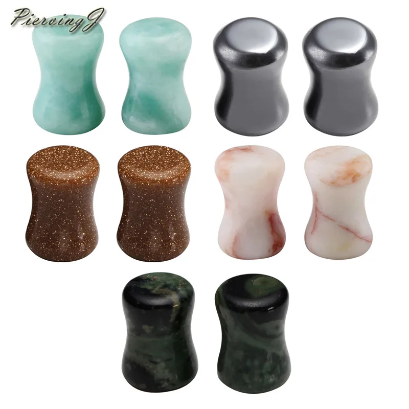 

PiercingJ New 5 Pairs Set Mixed Stone Plugs Ear Tunnels Ear Gauges Double Flared Ear Expander Stretcher Set gift