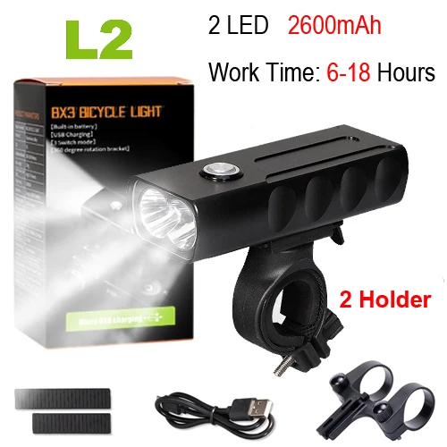 NEWBOLER 5200mAh Bike Light Kit T6 L2 Flashlight For Bicycle 2400 Lumen Led Lantern USB Headlight Mount Bracket Cycle Fornt Lamp - Цвет: L2 6 hours 2 holder