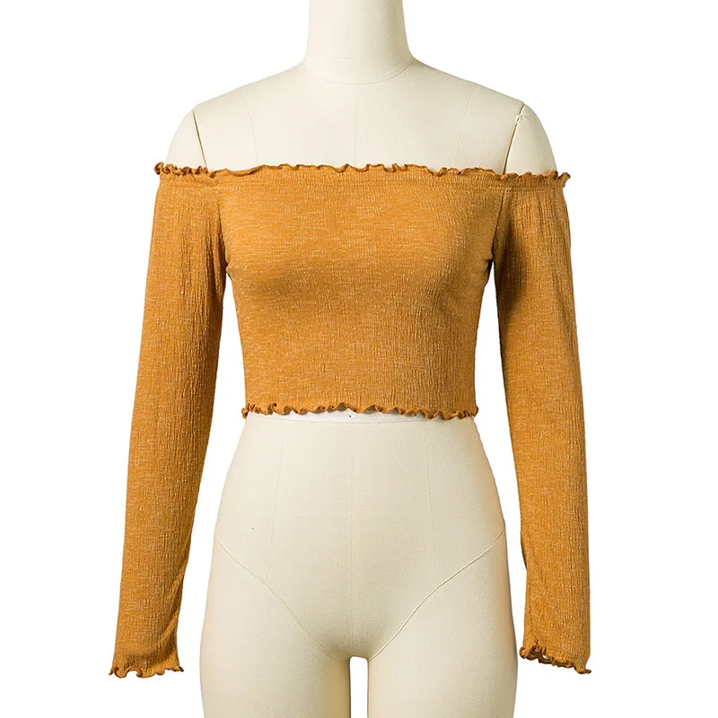 

Off The Shoulder Long Sleeve T-Shirt Slash Neck Solid Short Tee Women Spring Autumn Slim Skinny Wooden Ear Ruffles Bottoming Top