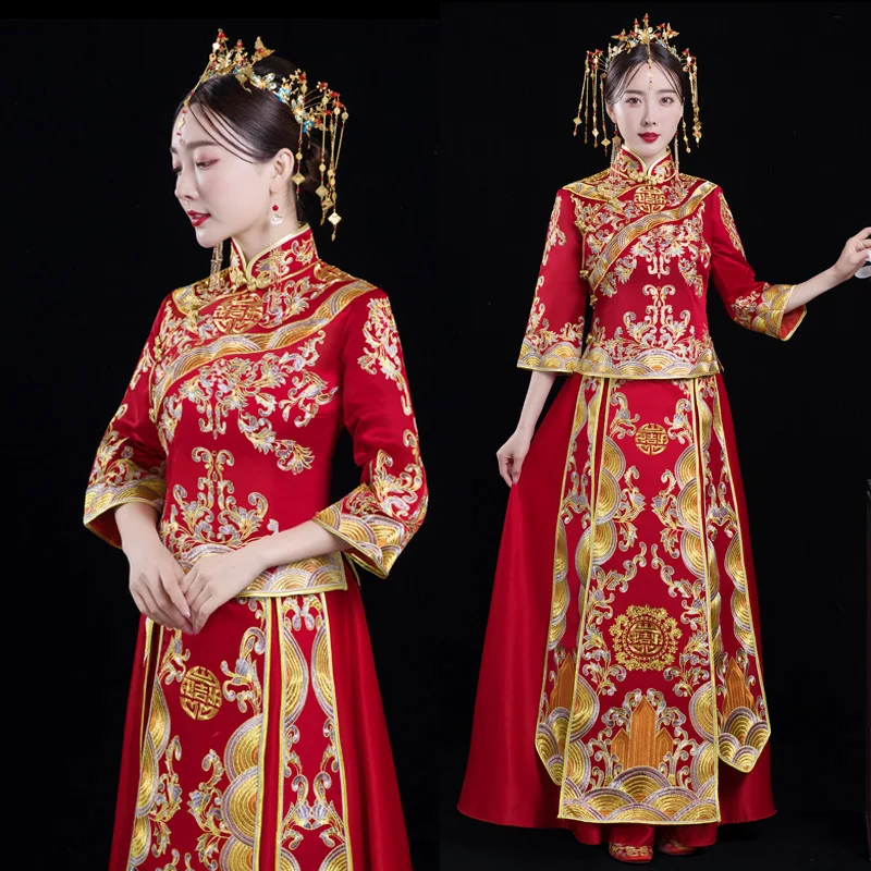 

Elegant Chinese Bride Qipao Red Exquisite Embroidery Women Cheongsam Suit Ancient Royal Marriage Dress Gown Lady Gift S-XL