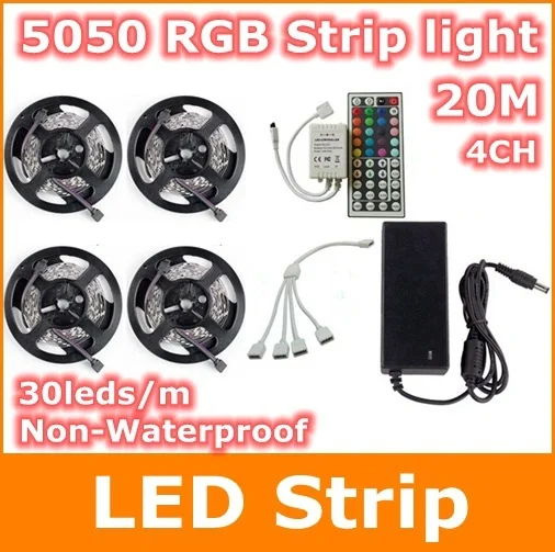 

20M RGB LED Strip 44Key IR Remote Control 4ch 5050SMD 30Leds/m 12V 10A Power Supply flexibl light
