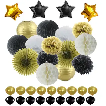 

Black Gold White Party Decorations Tissue Paper Pom Pom Honeycomb Ball and Paper Lantern Foil Star&Latex Balloon for Party Favor