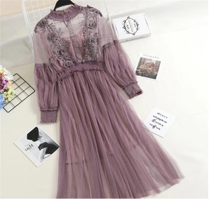 

Fairy Mesh Lace Dress Fashion Crochet Lantern Sleeve French Princess Party Dress Vestidos 2PC Sweet A Line Summer Holiday Dress